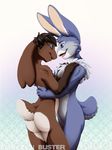  anthro black_hair blue_eyes blue_fur brown_fur buckteeth butt duo eye_contact fur hair hi_res hug invalid_tag lagomorph love male mammal nude open_mouth rabbit shiuk short_hair side_view smile standing thighs white_fur 