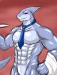  abs anthro biceps big_muscles blue_eyes blush cloaca fangs fin fish grey_skin grin invalid_tag male marine muscles napkin necktie nude pecs plain_background plate pose ryuukikeito scales shark sheath slit smile solo standing sweat teeth toned towel waiter 