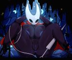 2_horns anus arthropod big_breasts black_arms black_body black_breasts black_eyes black_legs black_skin blue_anus blue_nipples blue_pussy blush blush_lines breasts detailed_background female genitals glistening hands_behind_head hi_res hollow_knight horn hornet_(hollow_knight) looking_at_viewer melonpuff nail_(weapon) nipples presenting presenting_pussy pussy silk sitting solo team_cherry thick_thighs weapon