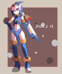  1girl armor blue_armor blue_eyes blue_footwear blue_helmet boots brown_background candy chocolate crop_top dated fairy_leviathan_(mega_man) food forehead_jewel full_body hand_on_own_hip heart heart-shaped_chocolate helmet highres holding holding_chocolate holding_food mega_man_(series) mega_man_zero_(series) omochi_(mochi_skymega) thigh_boots valentine 