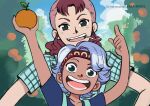  2girls absurdres aged_down arms_up artist_name bellemere blue_eyes blue_hair blue_shirt child commentary erza_briefs food fruit headband highres holding holding_food looking_at_viewer mandarin_orange mother_and_daughter multiple_girls nojiko one_piece ponytail red_hair shaved_head shirt short_hair sky smile smoke t-shirt teeth upper_teeth_only 