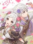  1boy 1girl brown_eyes cherry_blossoms fire_emblem fire_emblem_awakening fire_emblem_heroes flower from_above grey_hair hair_flower hair_ornament highres juria0801 looking_up official_alternate_costume open_mouth robin_(female)_(fire_emblem) robin_(female)_(valentine)_(fire_emblem) robin_(fire_emblem) robin_(male)_(fire_emblem) robin_(male)_(valentine)_(fire_emblem) smile twintails twitter_username upper_body 