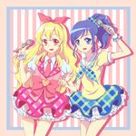  aikatsu! aikatsu!_(series) ariko_(ginsinku) blonde_hair blue_eyes blue_hair bow dress eyelashes frilled_skirt frills hair_ornament hair_ribbon happy heart hoshimiya_ichigo kiriya_aoi long_hair looking_at_viewer microphone multiple_girls necktie open_mouth pink_bow ponytail puffy_sleeves red_eyes red_ribbon ribbon shirt skirt smile wrist_cuffs 