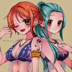  2girls 808wvi arabian_clothes armlet bare_shoulders blue_hair blush breasts brown_eyes cleavage closed_mouth collarbone commentary crop_top earrings gold_earrings hand_up harem_outfit high_ponytail jewelry large_breasts long_hair looking_at_viewer midriff multiple_girls nami_(one_piece) necklace nefertari_vivi official_alternate_costume official_alternate_hairstyle one_eye_closed one_piece open_mouth orange_eyes parted_bangs short_hair shoulder_tattoo simple_background single_sidelock smile symbol-only_commentary tattoo twitter_username upper_body 