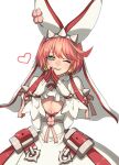  1girl ;) ahoge animal_ears aqua_eyes breasts bridal_veil cleavage cleavage_cutout clothing_cutout commentary dress earrings ebi_pri_shrimp elphelt_valentine fake_animal_ears gloves guilty_gear guilty_gear_xrd hairband heart huge_ahoge jewelry looking_at_viewer one_eye_closed pink_hair rabbit_ears short_hair smile solo spiked_hairband spikes steepled_fingers symbol-only_commentary veil wedding_dress white_background white_dress white_gloves 