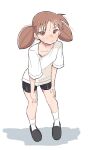  1girl absurdres azumanga_daioh bike_shorts blush brown_eyes brown_hair highres looking_at_viewer mihama_chiyo shirt short_twintails slippers socks solo sweat t-shirt twintails white_background zlix0n 