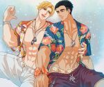  2boys abs adam&#039;s_apple ao_isami black_hair blonde_hair clothes_writing couple facial_hair hawaiian_shirt head_tilt highres itsuki_caw large_hands large_pectorals lewis_smith male_focus male_underwear male_underwear_peek multiple_boys muscular muscular_male official_alternate_costume pectoral_cleavage pectorals shirt side-by-side sideburns_stubble sitting spread_legs stubble thick_eyebrows underwear yaoi yuuki_bakuhatsu_bang_bravern 