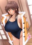  1girl amagami artist_name birthday blue_one-piece_swimsuit blush breasts brown_coat brown_eyes brown_hair cleavage closed_mouth coat collarbone commentary competition_school_swimsuit competition_swimsuit cowboy_shot dated duffel_coat embarrassed fur-trimmed_coat fur_trim groin highleg highres huge_breasts indoors looking_at_viewer medium_hair one-piece_swimsuit opened_by_self raised_eyebrows sakurai_rihoko school_swimsuit sideboob sidelocks signature solo standing sweatdrop swimsuit swimsuit_under_clothes window yoo_tenchi 