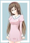  alternate_hair_length alternate_hairstyle breasts brown_eyes brown_hair dress glasses gundam gundam_build_fighters hair_ornament hairband happy kousaka_china long_hair looking_at_viewer medium_breasts open_mouth red-framed_eyewear school_uniform slowpit smile solo thighhighs thighs 