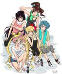  aino_minako ami_thompson bad_id bad_pixiv_id bishoujo_senshi_sailor_moon black_hair blonde_hair blue_eyes blue_hair bow brown_hair capri_pants casual double_bun hair_bobbles hair_bow hair_ornament hino_rei kino_makoto long_hair mizuno_ami multiple_girls pants pantyhose print_legwear scarf shirt shoes shorts sitting sneakers t-shirt tank_top tsukino_usagi twintails v_over_eye 