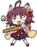  1girl :3 ahoge animal_ears bell blush_stickers bow brown_eyes brown_footwear brown_hair brown_skirt cat_ears cat_girl chibi commentary_request fang full_body hair_bell hair_bow hair_ornament ichihime japanese_clothes jingle_bell kimono looking_at_viewer lowres mahjong mahjong_soul mahjong_tile medium_bangs open_mouth pink_kimono red_bow shoes short_hair simple_background skirt smile socks solo standing tonda transparent_background waist_bow white_socks 