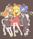  aikatsu! aikatsu!_(series) arm_holding bench blonde_hair blue_eyes blue_hair bow bowtie brown_background brown_hair crossed_arms crossed_legs dress facial_hair fake_facial_hair fake_mustache flats formal green_bow hair_bow hat hoshimiya_ichigo kiriya_aoi lei long_hair looking_at_another looking_at_viewer mini_hat mini_top_hat mokeo multiple_girls mustache pants polka_dot polka_dot_bow red_bow red_eyes red_neckwear shibuki_ran side_ponytail sidelocks simple_background sitting smile sparkle suit top_hat 