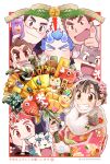  1girl 2020 6+boys arrow_(projectile) bamboo blue_hair boar border brown_eyes brown_hair cat dog_boy fire fish floral_print_kimono folding_fan grin hand_fan hanuman_(housamo) hay_bale highres holding moritaka_(housamo) motoori_shiro multiple_boys no_nose open_mouth pen pentagram protagonist_2_(housamo) red_hair sakimori_toji salomon_(housamo) scar scar_on_cheek scar_on_face scar_on_nose smile sumi_wo_hakuneko takabushi_kengo target thumbs_up tokyo_afterschool_summoners translation_request white_border yakushimaru_ryota 