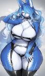 absurd_res anthro big_breasts blue_body blue_eyes blue_fur blue_hair breasts canid canine cleavage clothed clothing female female_anthro fox fur hair hi_res looking_at_viewer mammal saphayla_(zelianda) simple_background suurin_2 thick_thighs white_body white_fur wide_hips
