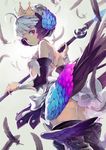  armor armored_dress bare_shoulders chkuyomi crown dress feathers gwendolyn multicolored multicolored_wings odin_sphere polearm short_hair spear strapless strapless_dress thighhighs weapon white_hair wings 