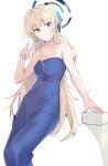  1girl bare_shoulders blonde_hair blue_archive blue_dress blue_eyes blush braid breasts collarbone dress earrings french_braid halo highres jewelry long_hair looking_at_viewer medium_breasts sai_(saipoko) solo toki_(blue_archive) v 
