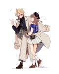  1boy 1girl ahoge anzu_(ensemble_stars!) beret black_footwear black_hat blonde_hair blue_shirt boots braid brown_hair ensemble_stars! full_body hat long_hair narukami_arashi one_eye_closed purple_eyes sapphire_(nine) shirt shoes short_sleeves skirt socks white_skirt white_socks 