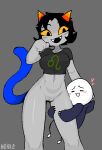 alien black_hair bottomless casual_exposure clothed clothing crop_top duo female genitals grey_body grey_skin hair homestuck horn ms_paint_adventures navel nekuzx nepeta_leijon open_mouth paw_pose pose pussy shirt signature size_difference tail topwear troll_(homestuck) yellow_sclera