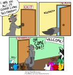 2019 absurd_res anthro comic convention dialogue door doorway event fandom funny_face group hi_res humor inside male meme party thaismotosuwa