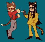  2boys absurdres animal_ears baofu belt black_footwear black_hair black_necktie blue_background brown_hair buttons cat_boy cat_ears cat_tail choker cigarette claw_pose double-breasted dress_shirt earrings facial_hair fangs formal glasses gloves goatee grey_gloves grey_pants hand_in_pocket highres hissing holding holding_cigarette jacket jewelry kemonomimi_mode long_hair male_focus multiple_boys necktie open_mouth pants persona persona_2 persona_2_batsu red-tinted_eyewear red_shirt s7873 shirt short_hair smile standing standing_on_one_leg suit sunglasses suou_katsuya tail tinted_eyewear v-shaped_eyebrows yellow_jacket yellow_pants 