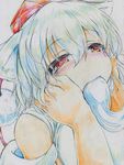  animal_ears bare_shoulders blush colored_pencil_(medium) detached_sleeves eating hands_on_another's_face hat highres inubashiri_momiji kitazinger out_of_frame red_eyes short_hair solo_focus tokin_hat touhou traditional_media white_hair wolf_ears 