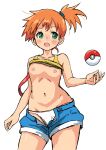  1girl :o blue_shorts breasts collarbone cowboy_shot denim denim_shorts green_eyes misty_(pokemon) navel nipples no_bra open_clothes open_mouth open_shorts orange_hair panties poke_ball poke_ball_(basic) pokemon shorts shougakusei simple_background small_breasts solo stomach tareme underwear white_background white_panties 