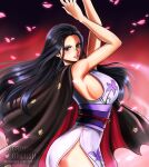  arms_up black_hair blue_eyes breasts cowboy_shot english_commentary eyelashes floral_print_kimono greciiagzz hair_slicked_back haori highres japanese_clothes kimono long_hair nico_robin obi one_piece petals pink_petals profile purple_sash sash side_slit sideboob sidelocks sleeveless sleeveless_kimono 