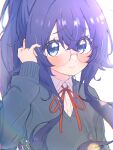  1girl blue_cardigan blue_eyes blue_hair blush cardigan closed_mouth crossed_bangs dark_blue_hair ear_blush glasses high_ponytail highres kimi_no_koto_ga_dai_dai_dai_dai_daisuki_na_100-nin_no_kanojo kwi lips long_hair long_sleeves looking_at_viewer red_ribbon ribbon round_eyewear shirt simple_background solo upper_body white_background white_shirt yoshimoto_shizuka 