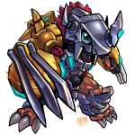  armor artist_logo chibi claw_(weapon) colored_skin crotch_plate cwdw digimon digimon_(creature) dragon full_body green_eyes helmet highres horns looking_at_viewer mechanical_wings orange_skin red_hair shoulder_armor simple_background solo spiked_hair spikes wargreymon wargreymon_x-antibody weapon white_background wings yellow_skin 