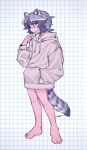  1girl animal_ear_fluff animal_ears bad_id bad_twitter_id barefoot black_hair closed_mouth commentary_request common_raccoon_(kemono_friends) drawstring full_body grey_hair grey_hoodie hair_between_eyes hand_in_pocket hand_up highres hood hood_down hoodie inactive_account jmeysan kemono_friends long_sleeves looking_at_viewer mask mouth_mask multicolored_hair no_pants raccoon_ears raccoon_tail red_eyes short_hair solo standing surgical_mask tail 