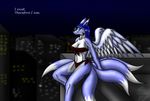  anthro blue_hair breasts canine city clothing english_text eyewear female fox fur glasses hair long_hair mammal multiple_tails night purple_fur sitting snowfyre solo text white_fur wings yellow_eyes 