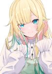  1girl aizawa_ema blonde_hair blue_eyes blue_nails dress gradient_hair green_hair hands_on_own_face highres long_hair multicolored_hair simple_background smile solo sui._(suikun) upper_body virtual_youtuber vspo! white_background white_dress 
