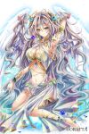  1girl armpits barefoot blue_flower blue_rose breasts cleavage copyright_notice copyright_request feathered_wings flower grey_hair hair_ornament long_hair navel official_art original petals rose rose_petals shida_(xwheel) solo white_wings wings yellow_eyes 