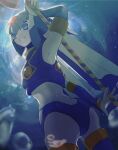  1girl android armpits ass back blue_eyes blurry blurry_background blurry_foreground bubble clenched_teeth crop_top depth_of_field fairy_leviathan_(mega_man) gloves helmet highres holding holding_polearm holding_weapon lemon_inu looking_at_viewer looking_to_the_side mega_man_(series) mega_man_x_(series) mega_man_zero_(series) polearm robot robot_girl smile solo spear sunlight teeth thighhighs underwater water water_drop watermark weapon white_gloves 