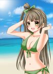  absurdres anna61 bad_id bad_pixiv_id beach bikini blush breasts brown_eyes brown_hair cleavage cloud day front-tie_top green_bikini highres long_hair love_live! love_live!_school_idol_project medium_breasts minami_kotori navel open_mouth outdoors side-tie_bikini sky smile solo swimsuit topknot 
