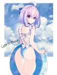  1girl ahoge antenna_hair artist_name ass azure_striker_gunvolt back backless_outfit bikini blue_one-piece_swimsuit cloud cross-laced_bikini cross-laced_clothes from_behind highres joule_(gunvolt) lololotton looking_at_viewer looking_back one-piece_swimsuit purple_eyes purple_hair short_hair sky solo swim_ring swimsuit 