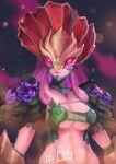  1girl absurdres artist_logo blurry blurry_background breasts ceresmon_medium cleavage covered_eyes cwdw digimon digimon_(creature) flower flower_on_shoulder highres large_breasts long_hair navel pink_hair solo strapless tube_top upper_body 