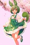  1girl :d absurdres animal_ears branch cherry_blossoms collared_shirt curtsey frilled_skirt frills green_footwear green_hair green_skirt high-waist_skirt highres juliet_sleeves legs long_sleeves looking_at_viewer mary_janes orange_eyes ponytail puffy_sleeves shirt shoes short_hair_with_long_locks skirt smile socks solo standing standing_on_one_leg suspender_skirt suspenders tail tsukiyono_aroe voicevox white_background white_shirt zundamon 