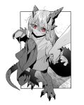  1boy 1girl animal_feet animal_hands blanket child claws closed_mouth dragon_girl dragon_horns dragon_tail dragon_wings hair_between_eyes holding_hands horns long_hair monochrome monster_girl mullmull02 original outside_border pink_eyes slit_pupils solo_focus spot_color standing tail wings 