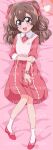  ballet_slippers bed_sheet delicious_party_precure hair_ribbon heart legs lying mini_koala nagomi_yui pink_vest precure ribbon skirt socks twintails vest watch 