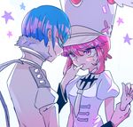  1girl blue_eyes blue_hair blush dress glasses hand_on_another's_face hat inumuta_houka jakuzure_nonon kill_la_kill long_sleeves md5_mismatch pink_eyes pink_hair shako_cap short_hair short_sleeves smile south_(monookibako) star sweatdrop uniform 