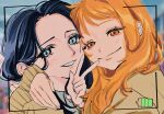  2girls ao_6336 battery_indicator blue_eyes blue_hair blurry blurry_background blush commentary_request eyelashes highres hug long_hair long_sleeves looking_at_viewer multiple_girls nami_(one_piece) nico_robin one_piece orange_eyes orange_hair sidelocks smile sweater taking_picture v yellow_sweater 