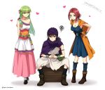  1boy 2girls absurdres alternate_costume arms_behind_back belt bianca_(dq5) bianca_(dq5)_(cosplay) blue_eyes c.c. cape cloak code_geass cosplay dragon_quest dragon_quest_v dress flora_(dq5) flora_(dq5)_(cosplay) full_body green_hair heart hero_(dq5) hero_(dq5)_(cosplay) highres kouzuki_kallen lelouch_vi_britannia multiple_girls parted_bangs purple_turban red_hair robe sad setu_kurokawa short_hair single-shoulder_dress sitting smile strap treasure_chest 