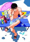  1boy black_hair blue_eyes blue_shorts bracelet cola crossed_legs from_above full_body fushiguro_touji hand_on_own_cheek hand_on_own_face highres holding holding_paper innertube jewelry jujutsu_kaisen male_focus max801115 on_bench paper phone pink_innertube sandals scar scar_on_face scar_on_mouth shorts signature solo swim_ring topless_male water 