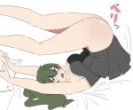  1girl ass ass_focus bare_arms bare_legs black_dress black_skirt blush breasts commentary dress feet_out_of_frame green_hair legs_up looking_at_viewer lying medium_breasts medium_hair miniskirt on_back open_mouth perutore pleated_skirt purple_eyes side_ponytail skirt solo sousou_no_frieren strapless strapless_dress ubel_(sousou_no_frieren) 