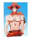  1boy ^_^ bag belt black_hair border closed_eyes commentary_request cowboy_shot hands_in_pockets hat highres jewelry male_focus necklace one_piece onecata11 orange_belt orange_hat pearl_necklace portgas_d._ace short_hair shoulder_bag sky smile solo topless_male white_border 