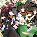  asymmetrical_wings bad_id bad_pixiv_id black_dress black_hair black_wings bow dress feathers frills hair_ribbon highres houjuu_nue instrument long_hair looking_at_viewer looking_down misopanne multiple_girls music playing_instrument red_eyes reiuji_utsuho ribbon shirt short_hair short_sleeves skirt third_eye touhou violin wings 