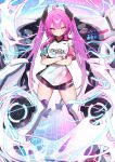  1girl absurdres ahoge belt blush bracelet breasts crossed_arms fingerless_gloves gloves grace_(sound_voltex) hair_ornament highres hip_vent horns jewelry lelex long_hair pink_hair print_shirt purple_eyes shirt short_sleeves smirk solo sound_voltex t-shirt thighs twintails two-tone_background very_long_hair 