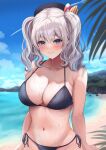  1girl alternate_costume beach beret bikini black_bikini black_hat blue_eyes blue_sky blush breasts collarbone day grey_hair haruhama21 hat highres kantai_collection kashima_(kancolle) large_breasts long_hair looking_at_viewer ocean side-tie_bikini_bottom sidelocks sky smile solo swimsuit twintails wavy_hair wet 