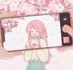  2girls :d artist_request bang_dream! bang_dream!_it&#039;s_mygo!!!!! blue_skirt blush cellphone cellphone_photo cherry_blossoms chihaya_anon closed_eyes commentary commission cowboy_shot dot_nose facing_viewer falling_petals fang female_pov half_updo high-waist_skirt highres holding holding_phone long_hair long_sleeves multiple_girls nagasaki_soyo one_side_up open_mouth parted_bangs petals phone pink_hair pleated_skirt pov pov_hands second-party_source shirt shirt_tucked_in skirt smartphone smile taking_picture white_shirt 